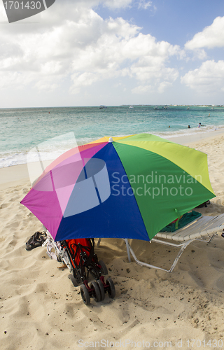 Image of Sandy Beach with colorful Beach Umbrella
