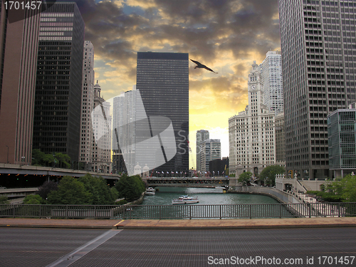 Image of Chicago Skyscrapers over the River, U.S.A.