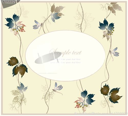 Image of Greeting card with wild grapes and dragonflies. 