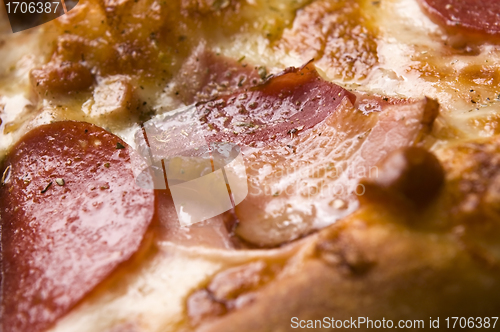 Image of Italian pizza with bacon, salami and mozzarella cheese