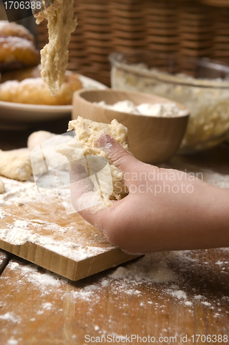 Image of Detail of hands kneading dough