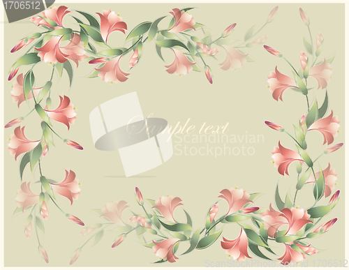 Image of Greeting card with a lily. Lily illustration. . Decorative framework with a lily.