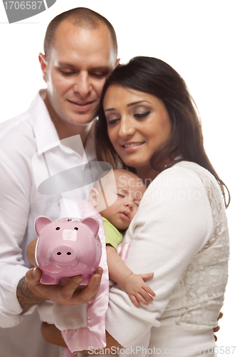 Image of Young Mixed Race Parents with Baby Holding Piggy Bank