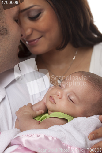 Image of Mixed Race Young Couple with Newborn Baby