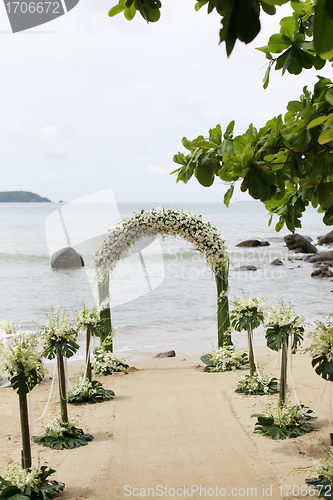 Image of Beautiful beach wedding set-up.