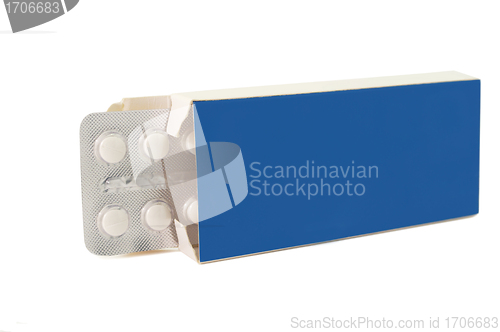 Image of Tablets pills in pack blue on white background