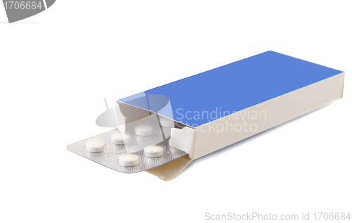 Image of Pills vitamin in package carton on white background