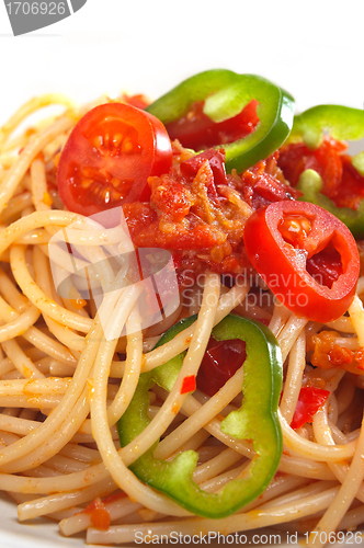Image of spicy italian pasta tomato and chili peppers sauce