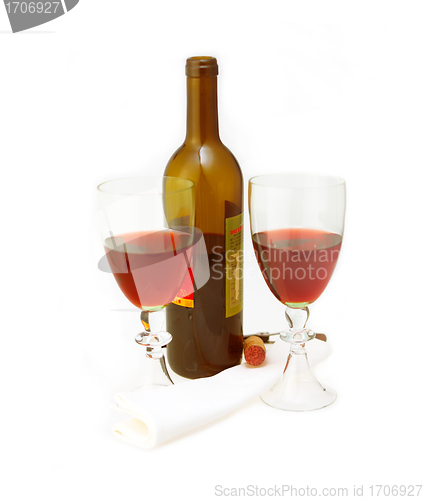 Image of red wine bottle and two glasses