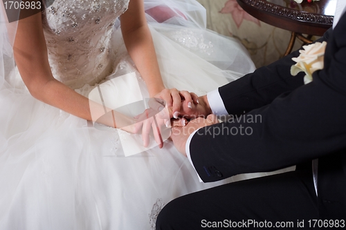 Image of gentle hands of the groom and bride