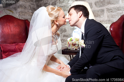 Image of beautiful groom and bride in interior