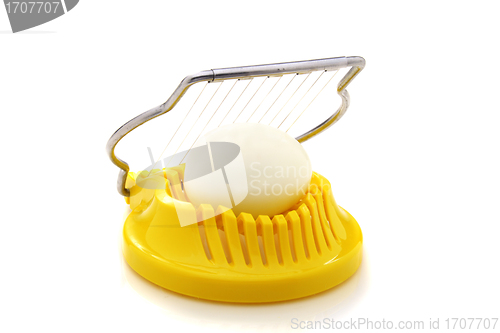 Image of Boiled egg in the egg slicer.