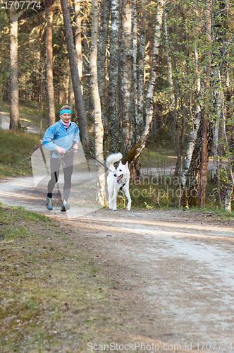 Image of The sports woman with a dog run  in park