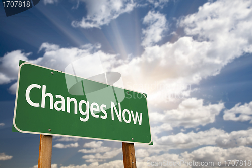 Image of Changes Now Green Road Sign and Clouds