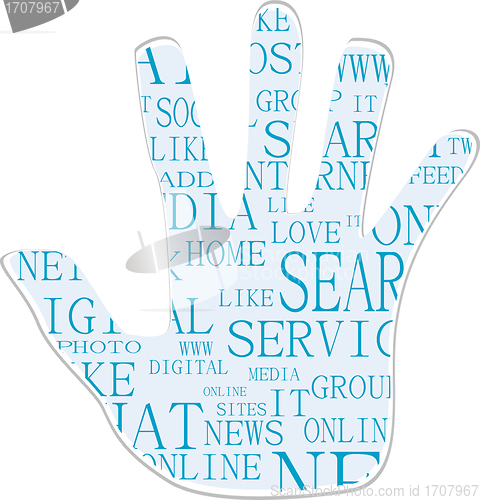 Image of Illustration of the hand symbol, keywords on social media themes