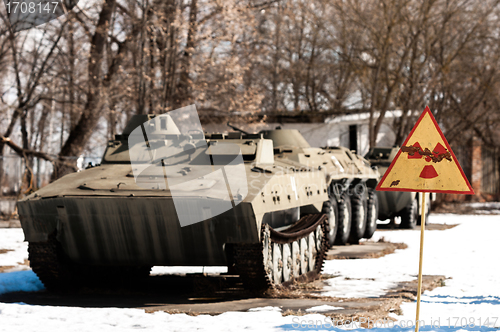 Image of War machines with radioactivity sign at Chernobyl