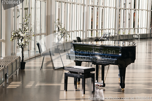 Image of Grand piano in the hall shined by the sun