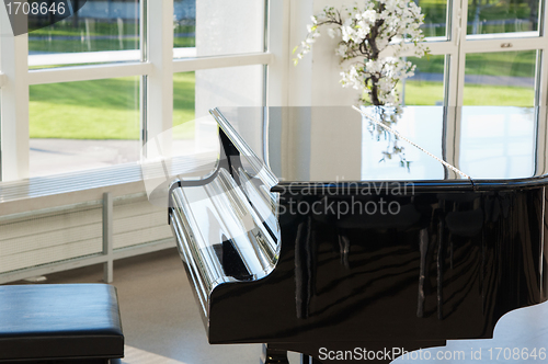 Image of Grand piano in the hall shined by the sun