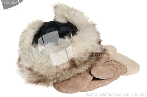 Image of winter fur hat and mittens, isolated on white 