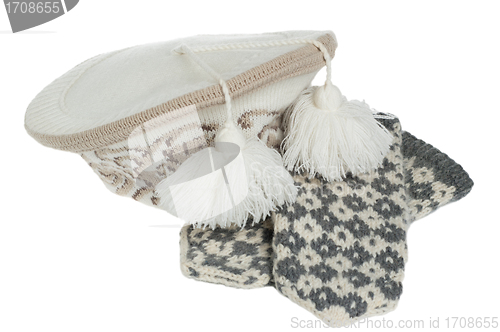 Image of knitted winter hat and mittens, isolated on white 
