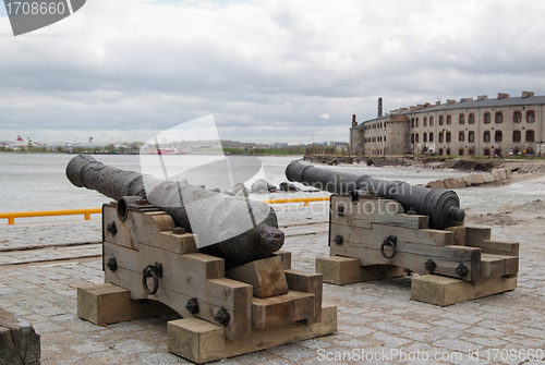 Image of Ancient guns on a background of a fortress at the sea