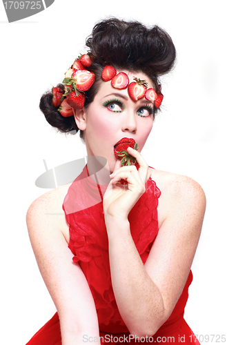 Image of Gorgeous Woman Wearing Strawberries in her Hair