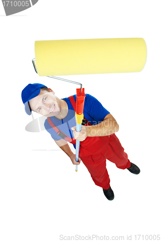 Image of painter man in uniform with paint roller