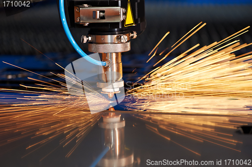 Image of Laser cutting of metal sheet with sparks