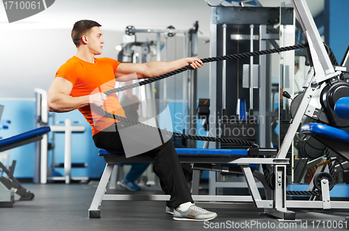 Image of bodybuilder man doing exercises in fitness club