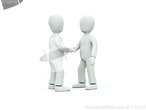 Image of 3D characters in ties shake hands on a white background