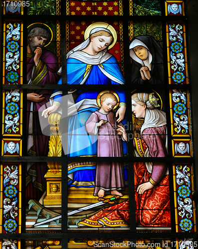 Image of Stained glass window in Lier, Belgium (made in 1867) depicting the child Jesus and Mary