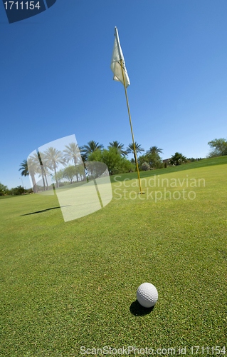 Image of Golf ball ongreen with flag