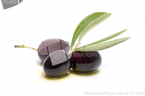 Image of three fresh olives bathed in olive oil