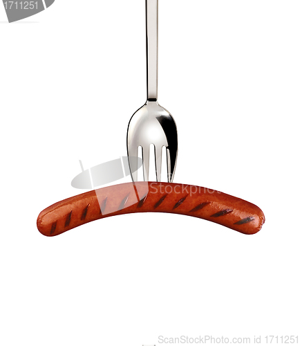 Image of Pork sausage with fork isolated on a white background