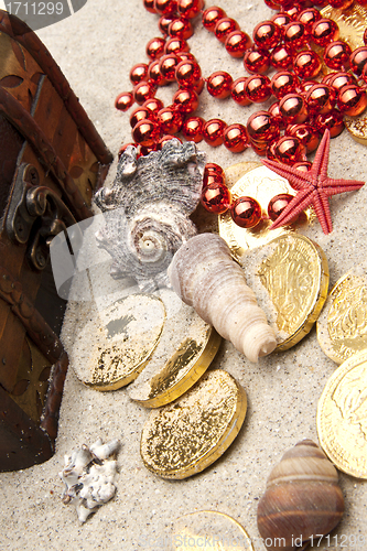 Image of golden coins with marine treasures