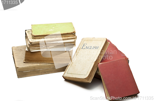 Image of stack of vintage books, isolated on white background