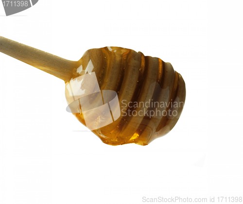 Image of Honey dripping from a wooden dipper isolated