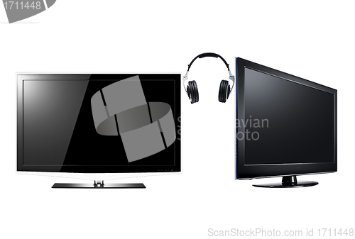 Image of two LCD high definition flat screen TV with headphone