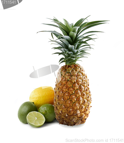 Image of Pineapple and kiwi fruits with lemon isolated