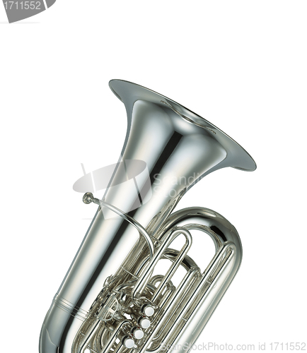Image of Large silver brass tuba on white background