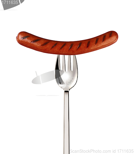 Image of Close-up of fried sausage on a fork