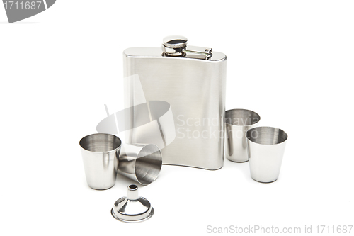 Image of Hip flask and cups with white background