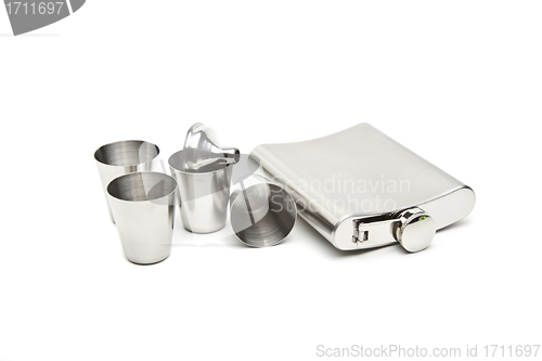 Image of Hip flask and cups with white background