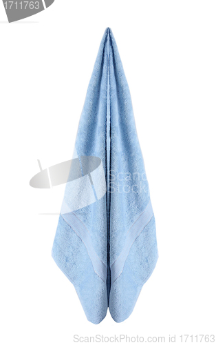 Image of Soft fluffy blue bath and hand towels on white background