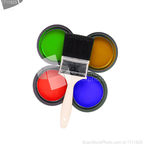 Image of four colorful paint cans with paintbrush