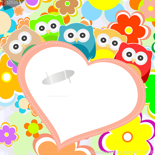 Image of owls, flowers and valentines heart in frame. vector