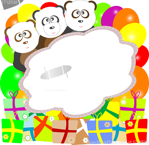 Image of cute vector panda with text box and many gift box