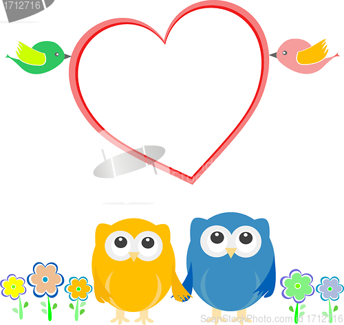 Image of Valentine card with bird couple, owls and love heart