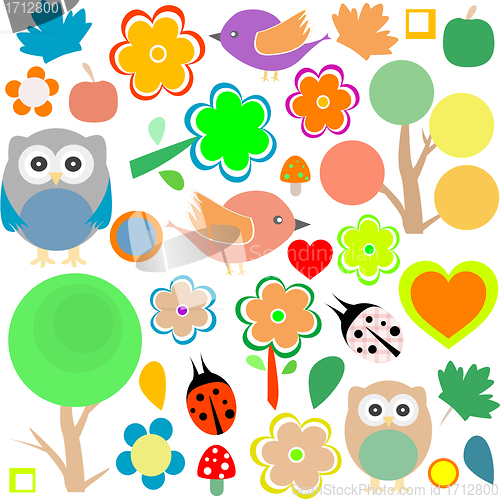 Image of set birds and owls, trees and flowers vector background