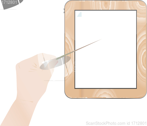 Image of Hand point on digital tablet pc wood mount isolated on white